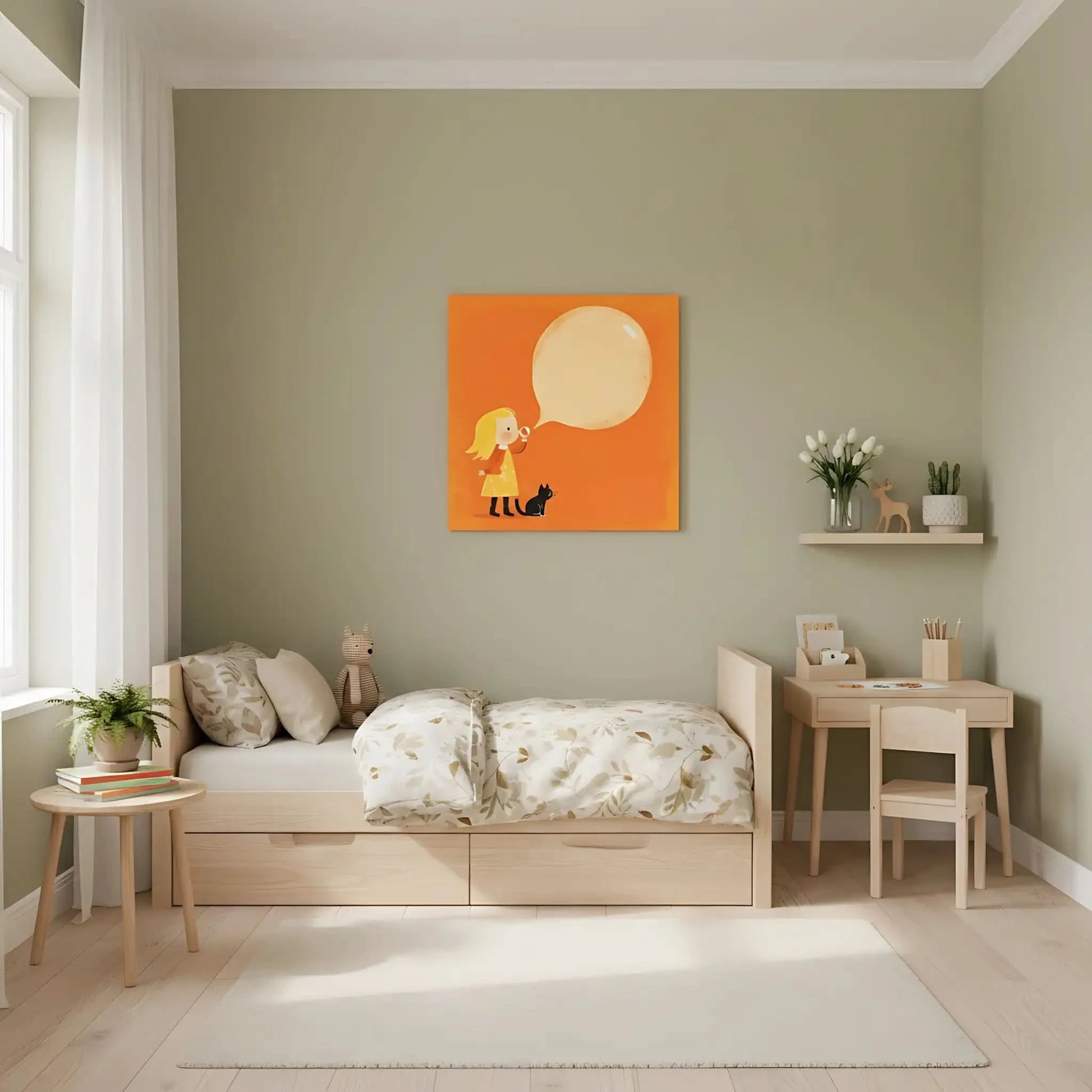 Illustration joyeuse de petite fille soufflant une bulle de savon, accompagnée d'un chat noir, idéale pour une chambre d'enfant.