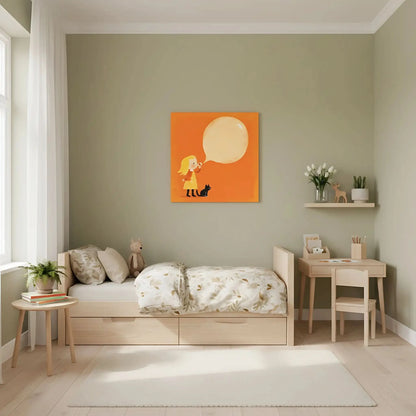 Illustration joyeuse de petite fille soufflant une bulle de savon, accompagnée d'un chat noir, idéale pour une chambre d'enfant.