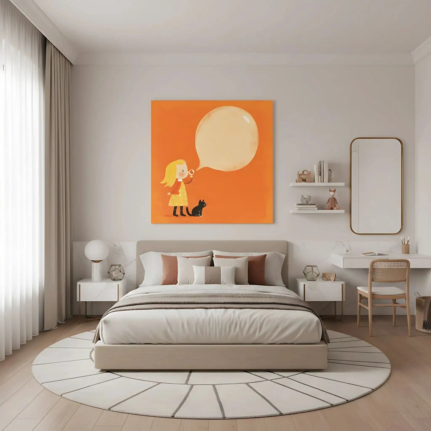 Illustration joyeuse de petite fille soufflant une bulle de savon, accompagnée d'un chat noir, idéale pour une chambre d'enfant.