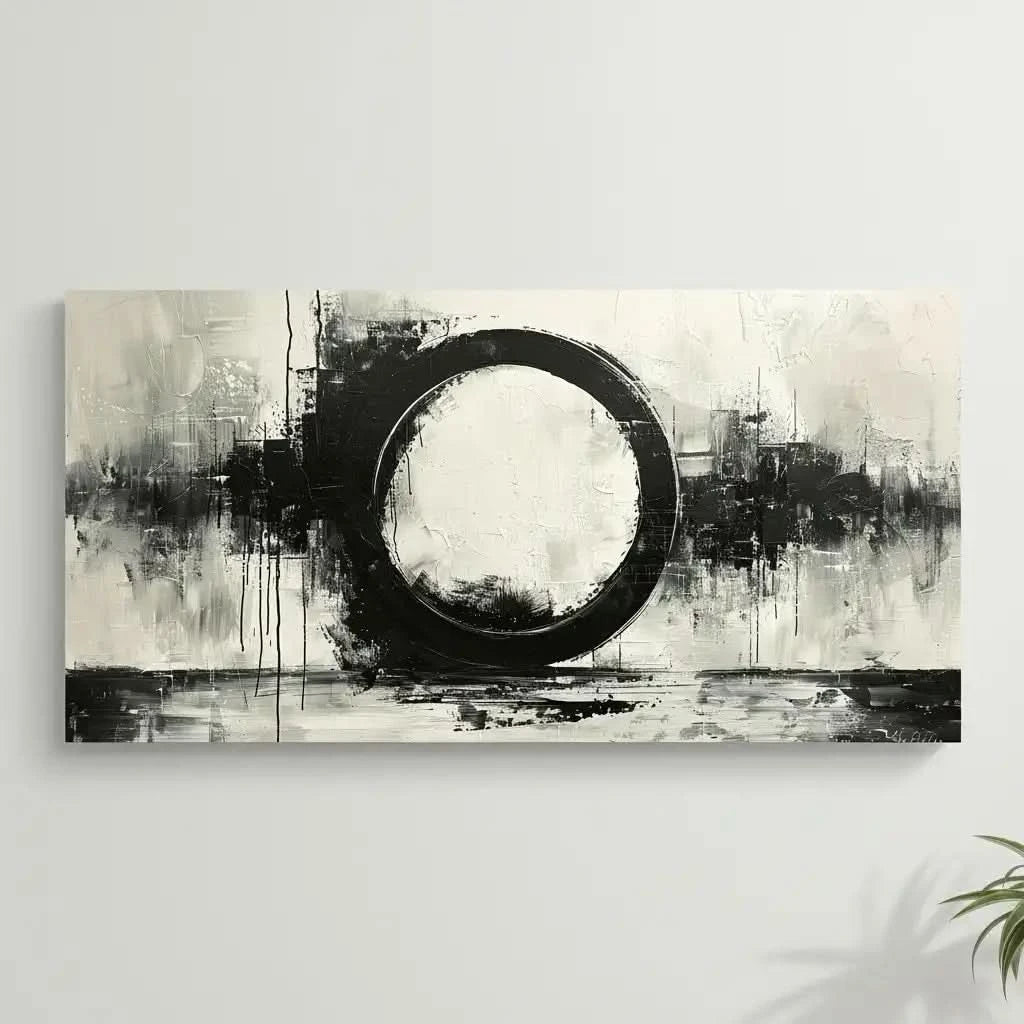 Oeuvre abstraite avec un cercle noir central, entouré de coups de pinceau dynamiques en noir, blanc et gris, créant une ambiance moderne et intemporelle.