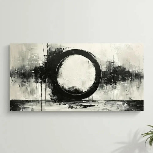 Oeuvre abstraite avec un cercle noir central, entouré de coups de pinceau dynamiques en noir, blanc et gris, créant une ambiance moderne et intemporelle.