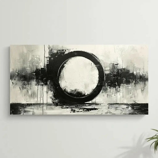 Oeuvre abstraite avec un cercle noir central, entouré de coups de pinceau dynamiques en noir, blanc et gris, créant une ambiance moderne et intemporelle.