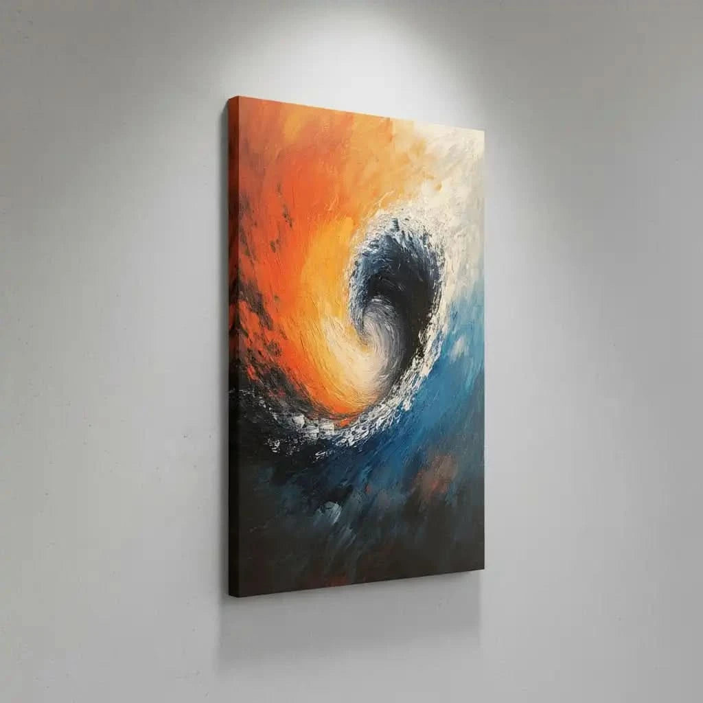 Illustration d’une vague tourbillonnante aux couleurs contrastées, apportant une atmosphère de mouvement et force naturelle à l’espace.