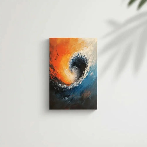 Illustration d’une vague tourbillonnante aux couleurs contrastées, apportant une atmosphère de mouvement et force naturelle à l’espace.