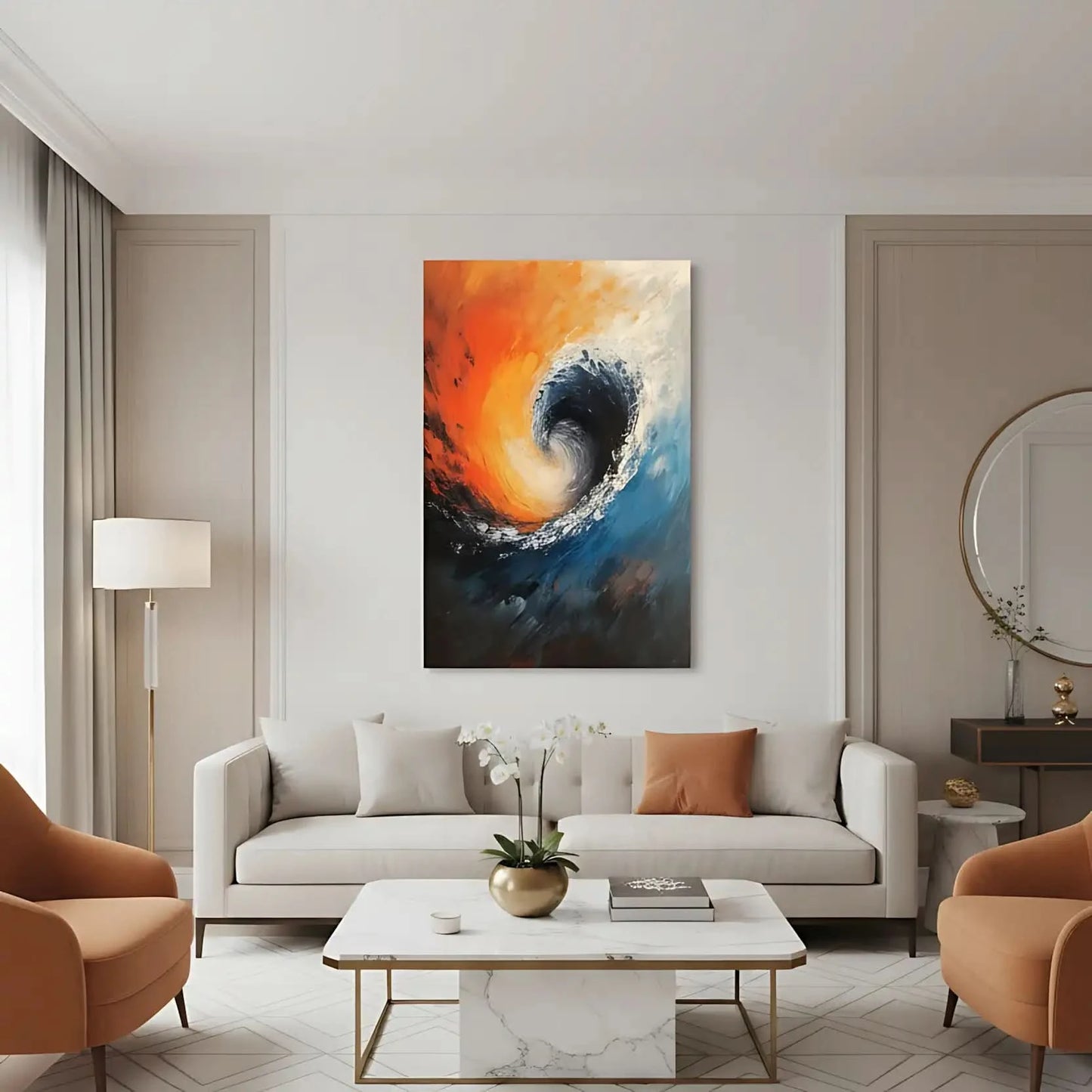 Illustration d’une vague tourbillonnante aux couleurs contrastées, apportant une atmosphère de mouvement et force naturelle à l’espace.