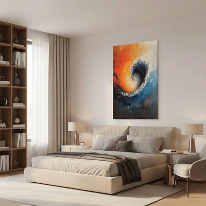 Illustration d’une vague tourbillonnante aux couleurs contrastées, apportant une atmosphère de mouvement et force naturelle à l’espace.