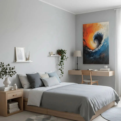 Illustration d’une vague tourbillonnante aux couleurs contrastées, apportant une atmosphère de mouvement et force naturelle à l’espace.