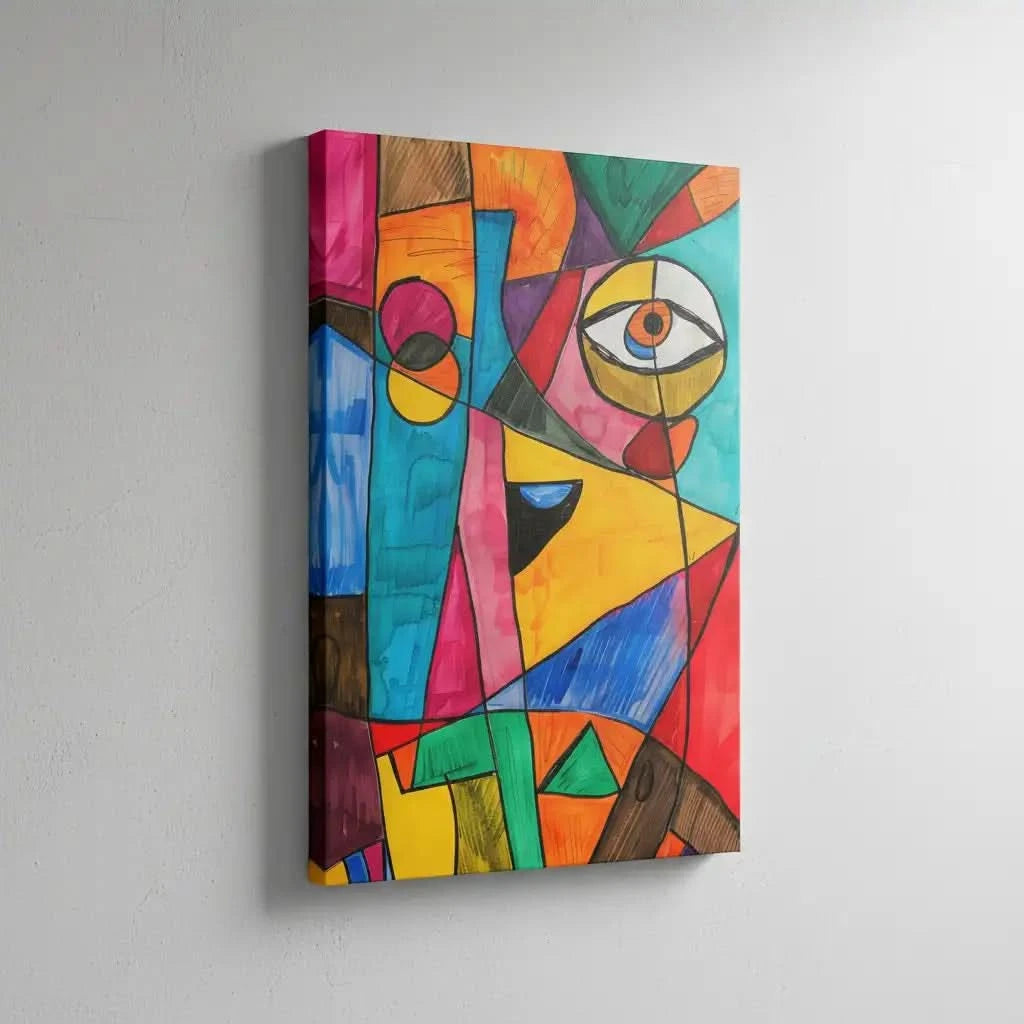 Visage abstrait formé de formes géométriques colorées, avec des teintes vives de rouge, jaune, bleu et vert. Parfait pour un espace moderne, apportant énergie et dynamisme.