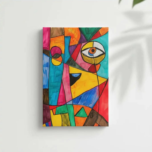 Visage abstrait formé de formes géométriques colorées, avec des teintes vives de rouge, jaune, bleu et vert. Parfait pour un espace moderne, apportant énergie et dynamisme.