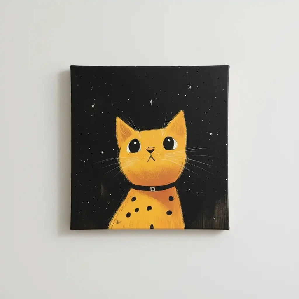 Chat jaune sous un ciel étoilé, créant une ambiance chaleureuse et magique, parfait pour un salon moderne.