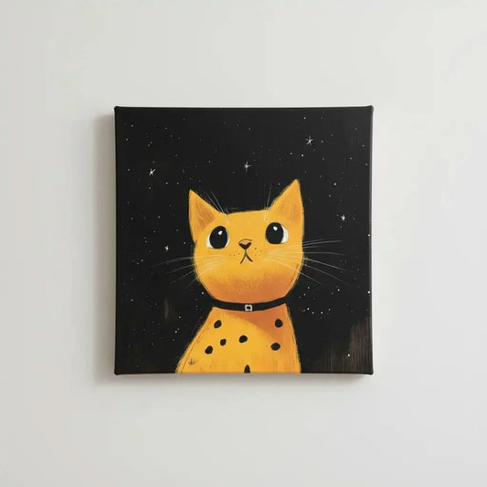 Chat jaune sous un ciel étoilé, créant une ambiance chaleureuse et magique, parfait pour un salon moderne.