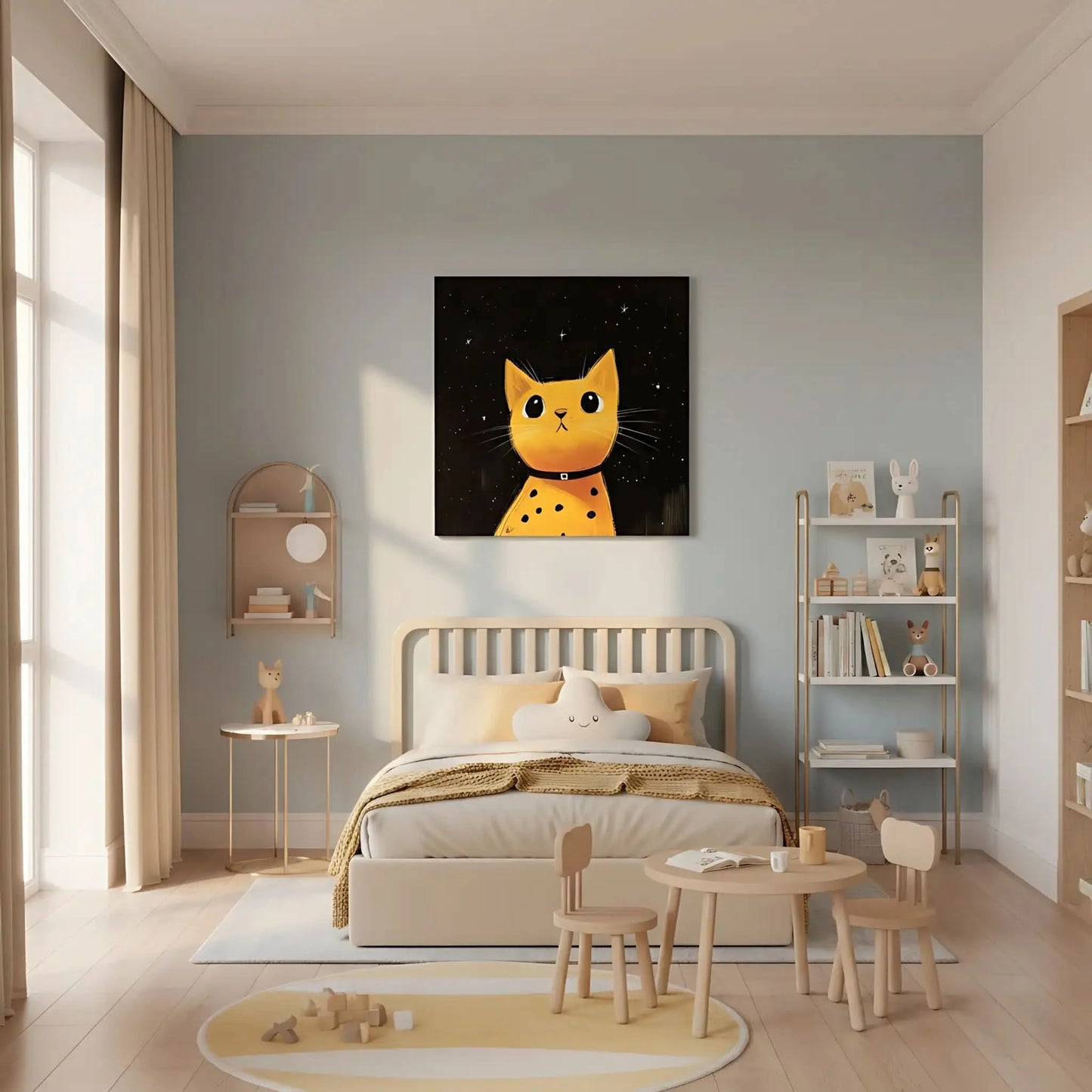 Chat jaune sous un ciel étoilé, créant une ambiance chaleureuse et magique, parfait pour un salon moderne.