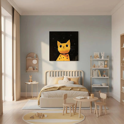 Chat jaune sous un ciel étoilé, créant une ambiance chaleureuse et magique, parfait pour un salon moderne.