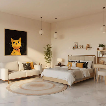 Chat jaune sous un ciel étoilé, créant une ambiance chaleureuse et magique, parfait pour un salon moderne.