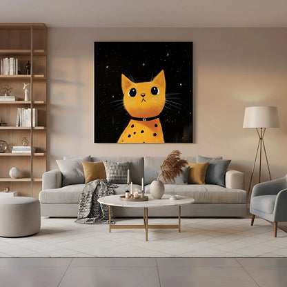 Chat jaune sous un ciel étoilé, créant une ambiance chaleureuse et magique, parfait pour un salon moderne.