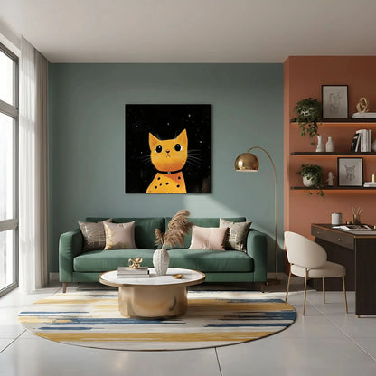 Chat jaune sous un ciel étoilé, créant une ambiance chaleureuse et magique, parfait pour un salon moderne.