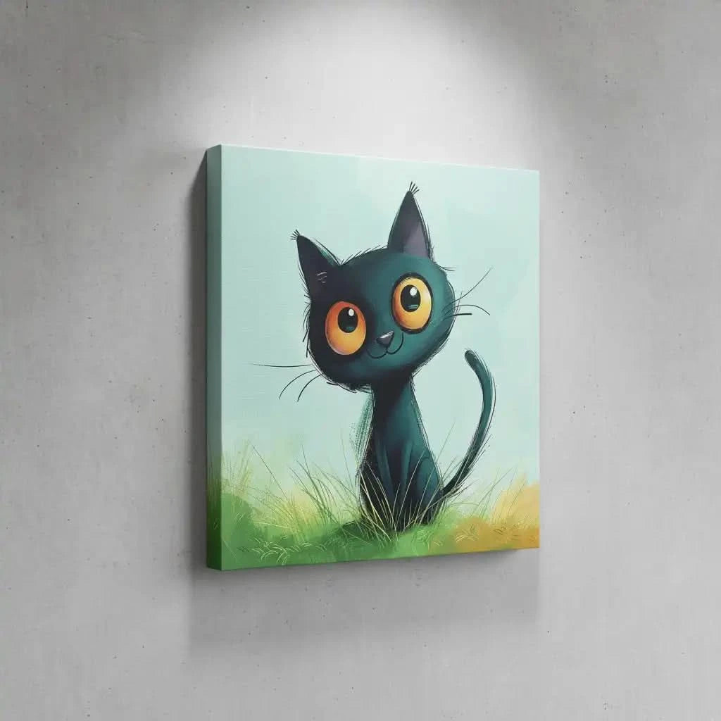 Chat noir mignon avec grands yeux, dans l'herbe verte, art animalier joyeux et ludique, parfait pour une chambre d'enfant.
