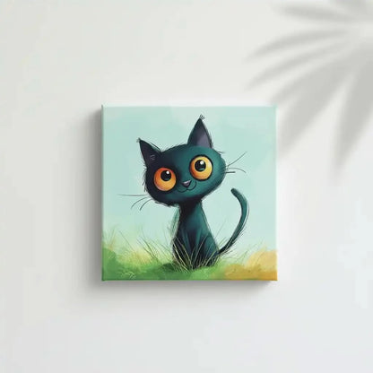 Chat noir mignon avec grands yeux, dans l'herbe verte, art animalier joyeux et ludique, parfait pour une chambre d'enfant.