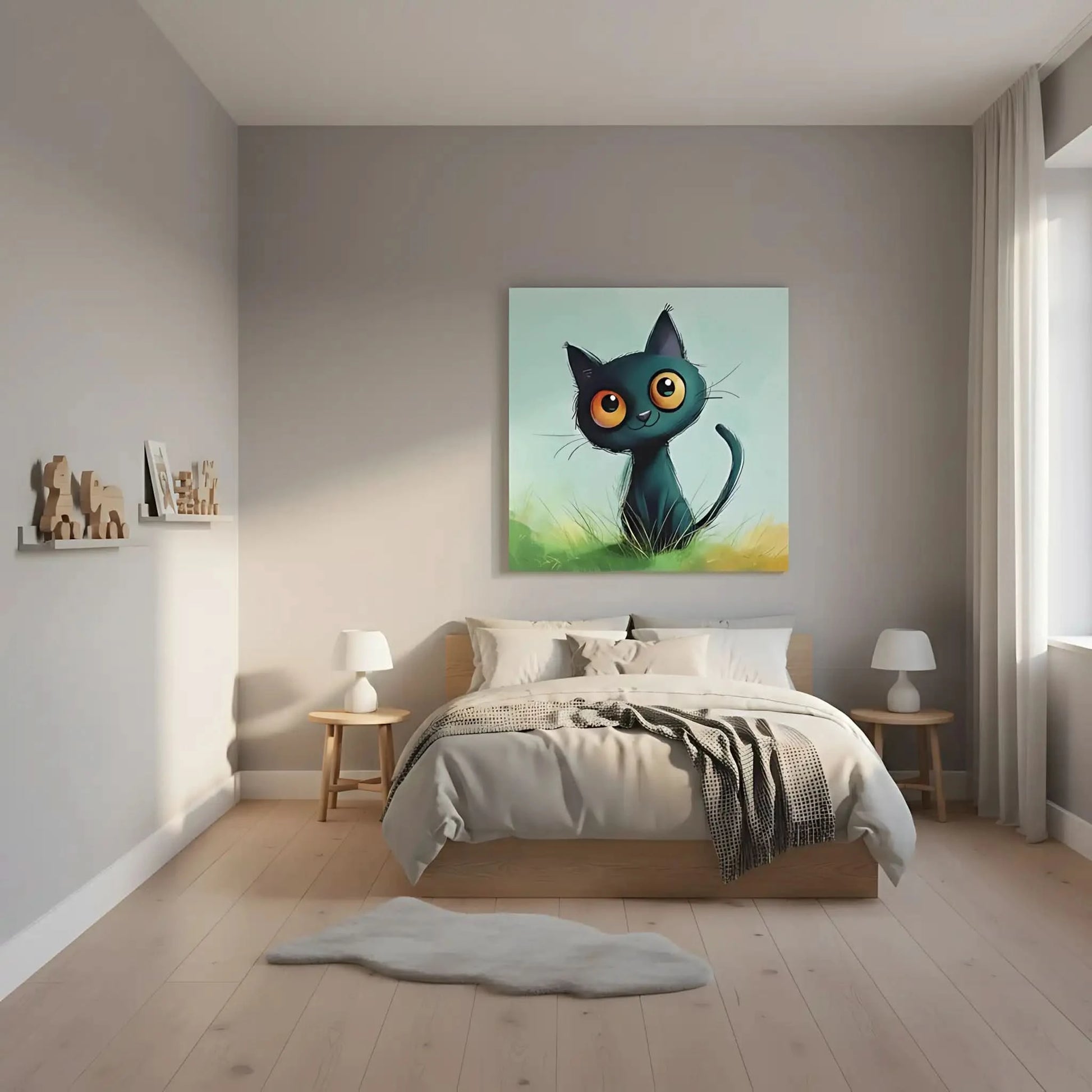 Chat noir mignon avec grands yeux, dans l'herbe verte, art animalier joyeux et ludique, parfait pour une chambre d'enfant.