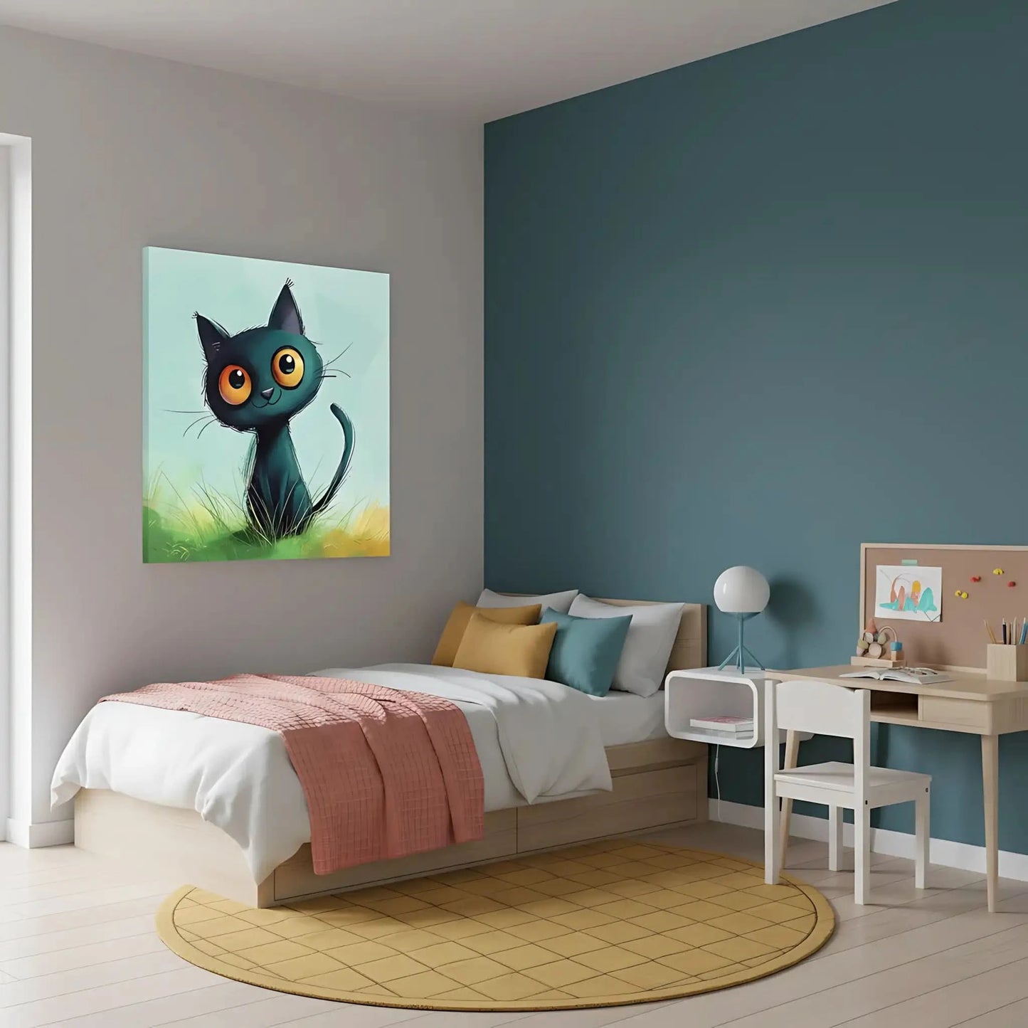 Chat noir mignon avec grands yeux, dans l'herbe verte, art animalier joyeux et ludique, parfait pour une chambre d'enfant.