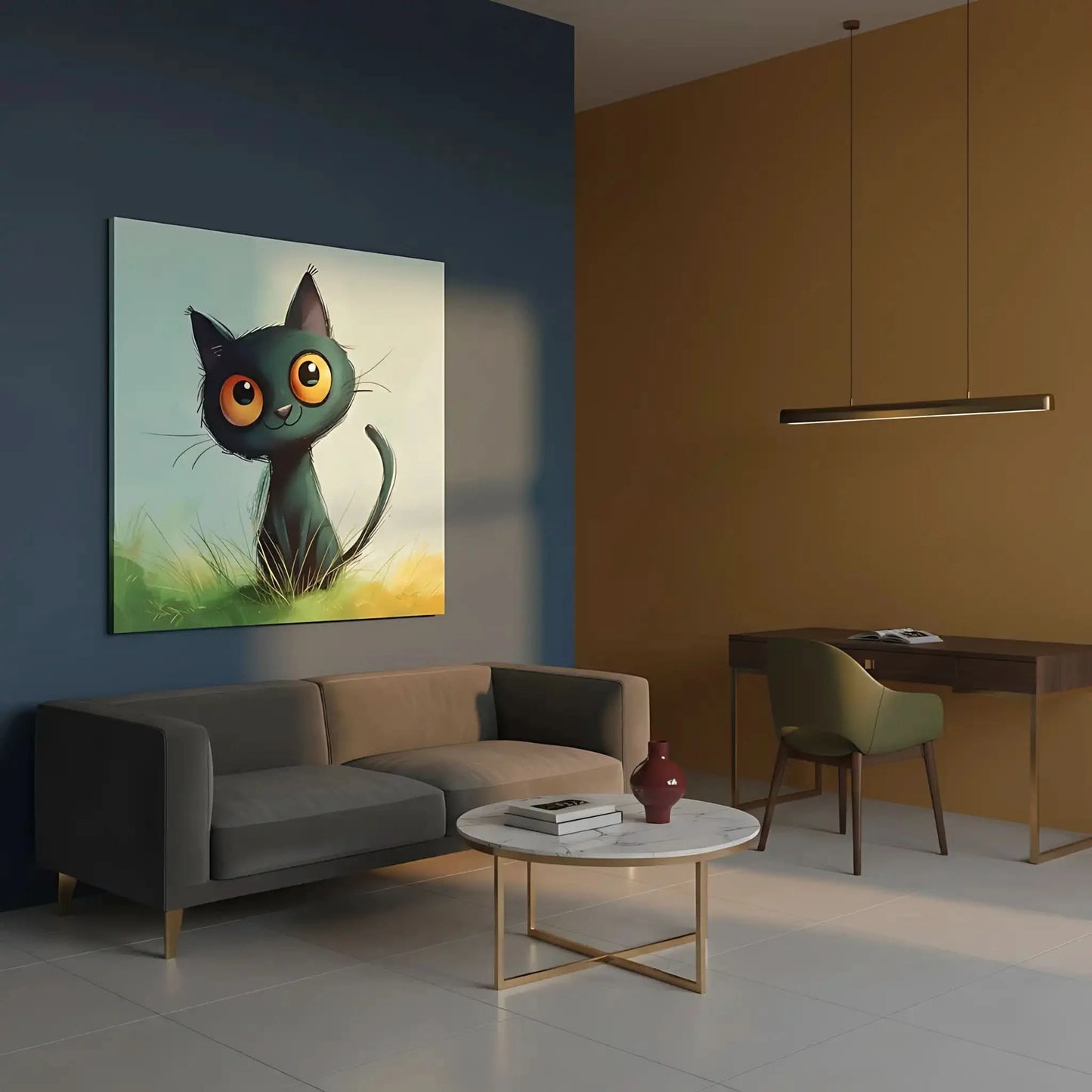 Chat noir mignon avec grands yeux, dans l'herbe verte, art animalier joyeux et ludique, parfait pour une chambre d'enfant.