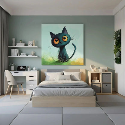 Chat noir mignon avec grands yeux, dans l'herbe verte, art animalier joyeux et ludique, parfait pour une chambre d'enfant.