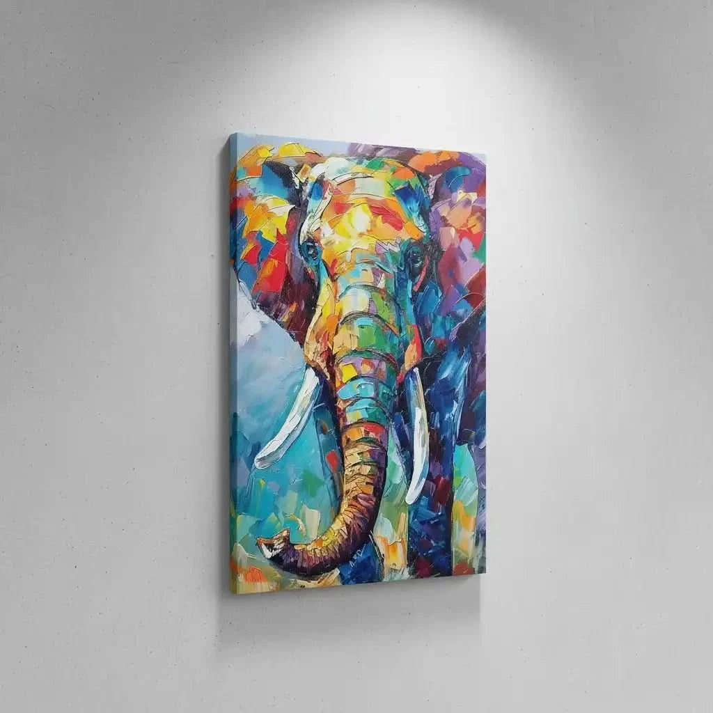Illustration d'un éléphant aux couleurs vives, apportant une énergie vibrante et un style abstrait à la décoration.