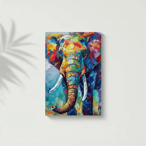 Illustration d'un éléphant aux couleurs vives, apportant une énergie vibrante et un style abstrait à la décoration.