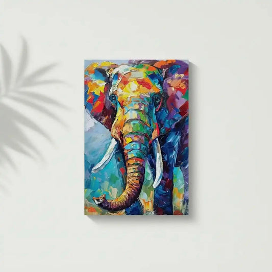 Illustration d'un éléphant aux couleurs vives, apportant une énergie vibrante et un style abstrait à la décoration.