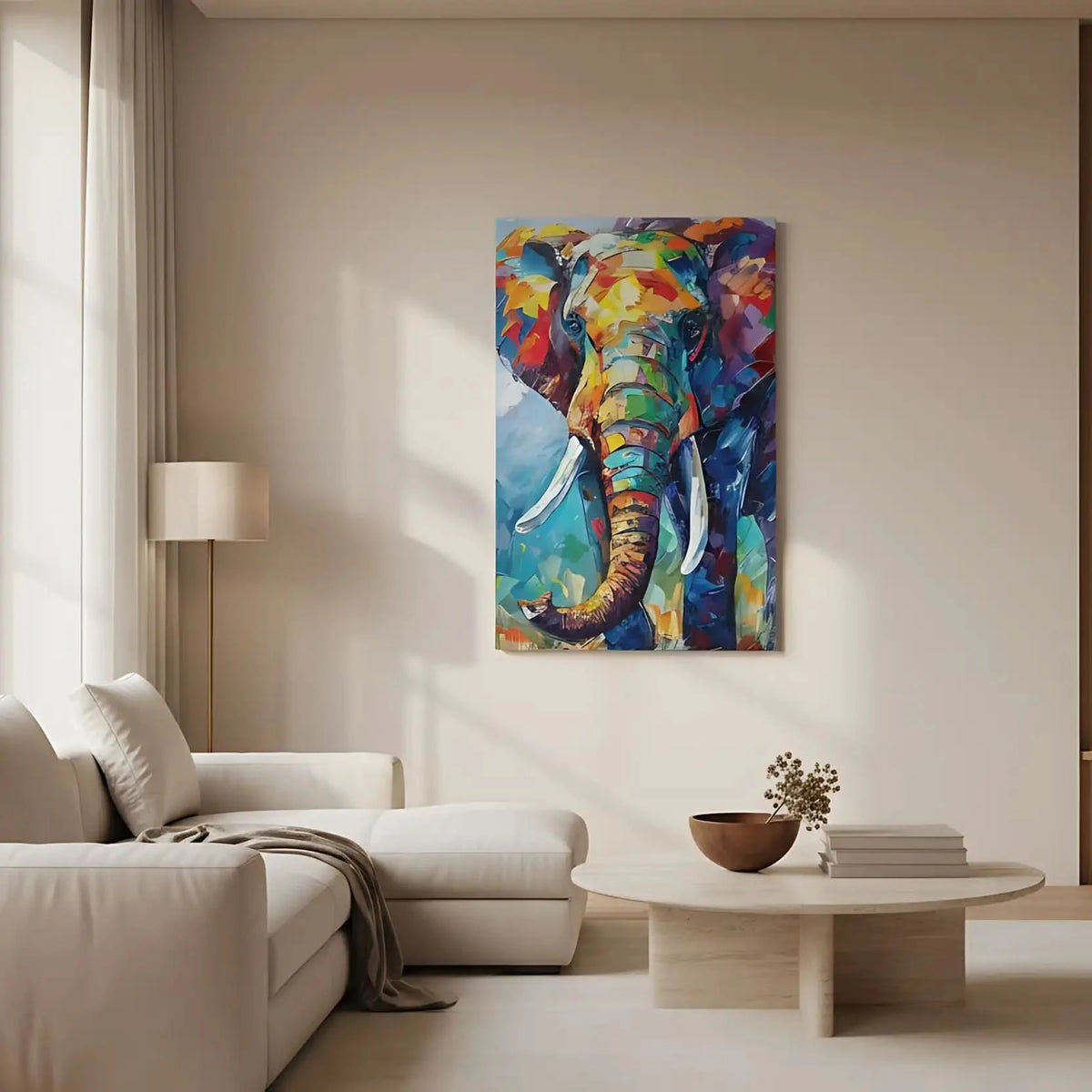 Illustration d'un éléphant aux couleurs vives, apportant une énergie vibrante et un style abstrait à la décoration.