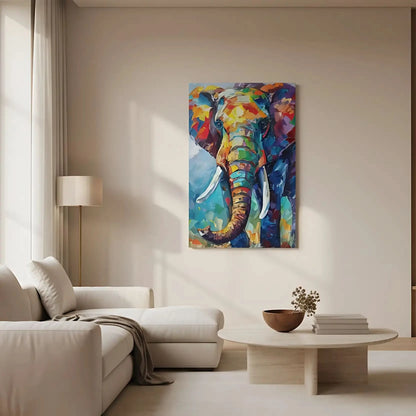 Illustration d'un éléphant aux couleurs vives, apportant une énergie vibrante et un style abstrait à la décoration.