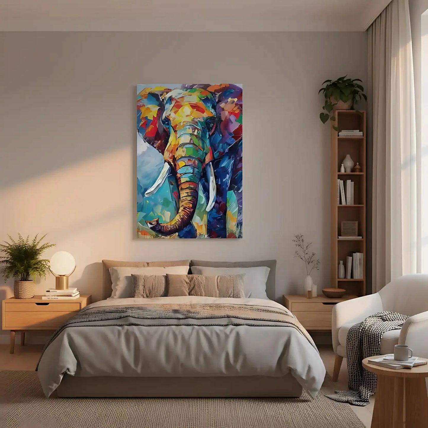 Illustration d'un éléphant aux couleurs vives, apportant une énergie vibrante et un style abstrait à la décoration.