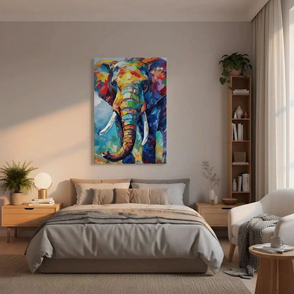 Illustration d'un éléphant aux couleurs vives, apportant une énergie vibrante et un style abstrait à la décoration.