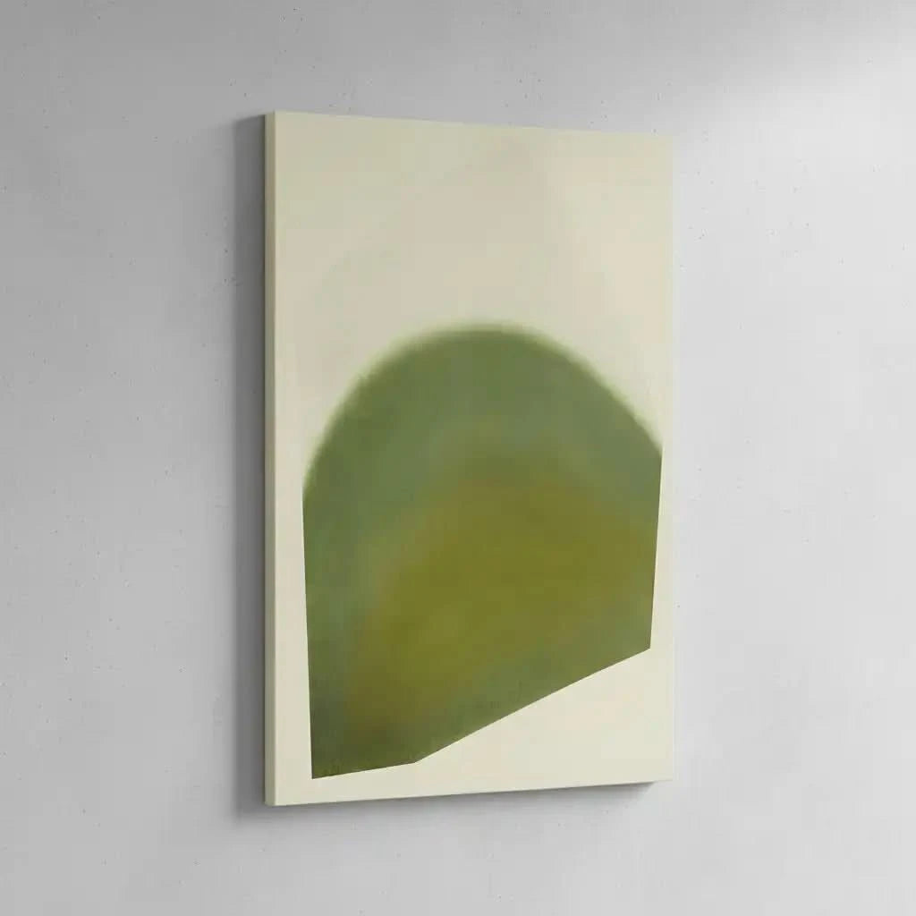 Tableau abstrait en vert doux avec formes courbes. Atmosphère apaisante, idéal pour un salon contemporain.