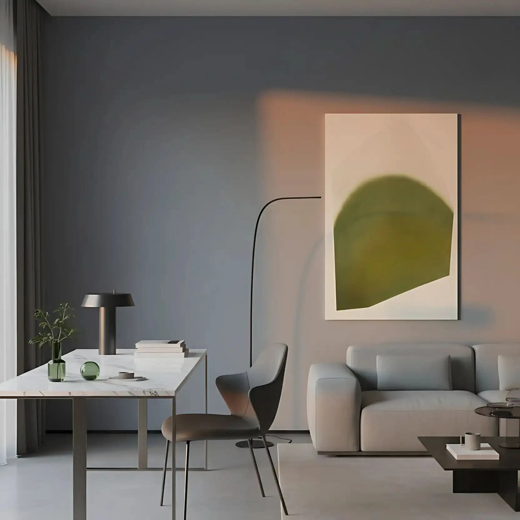 Tableau abstrait en vert doux avec formes courbes. Atmosphère apaisante, idéal pour un salon contemporain.