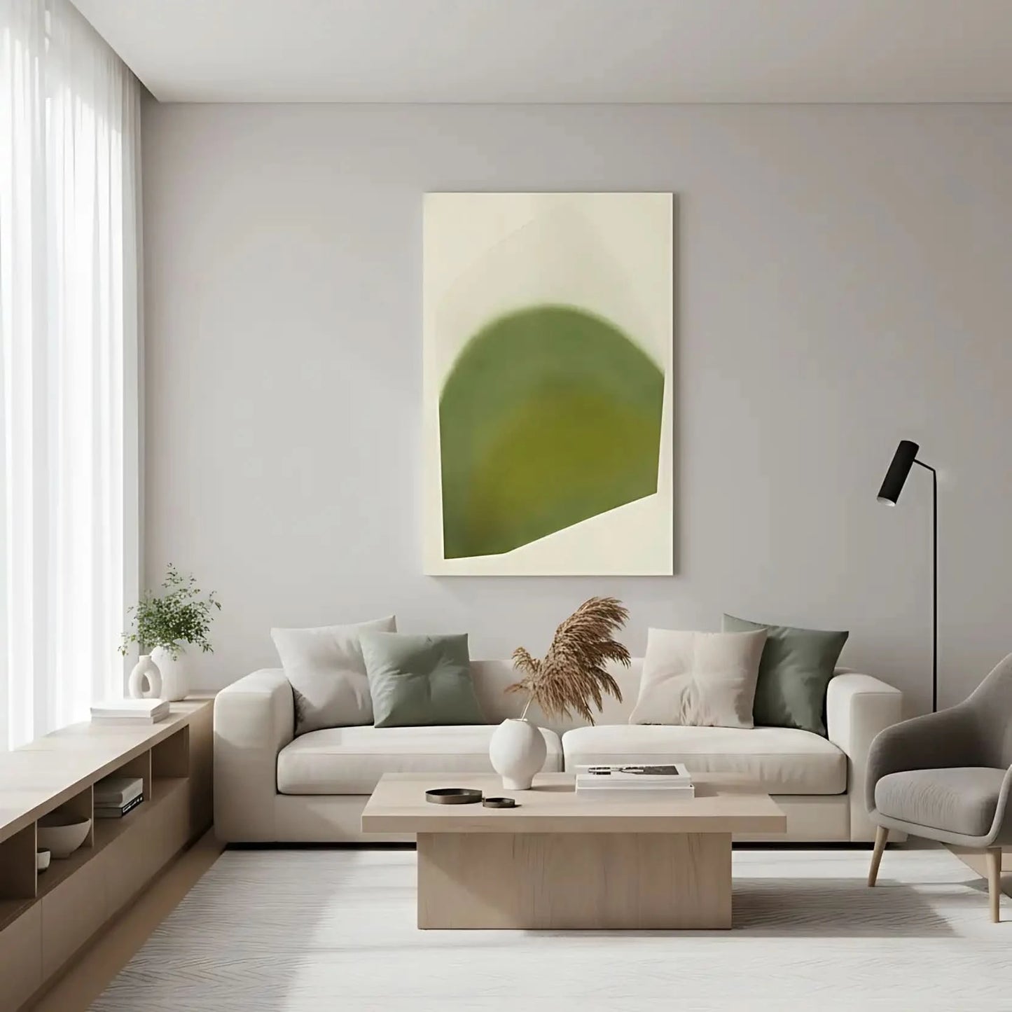 Tableau abstrait en vert doux avec formes courbes. Atmosphère apaisante, idéal pour un salon contemporain.