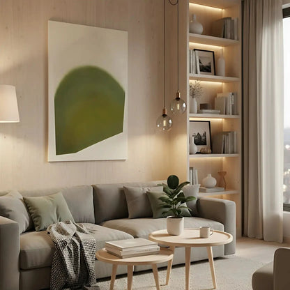 Tableau abstrait en vert doux avec formes courbes. Atmosphère apaisante, idéal pour un salon contemporain.