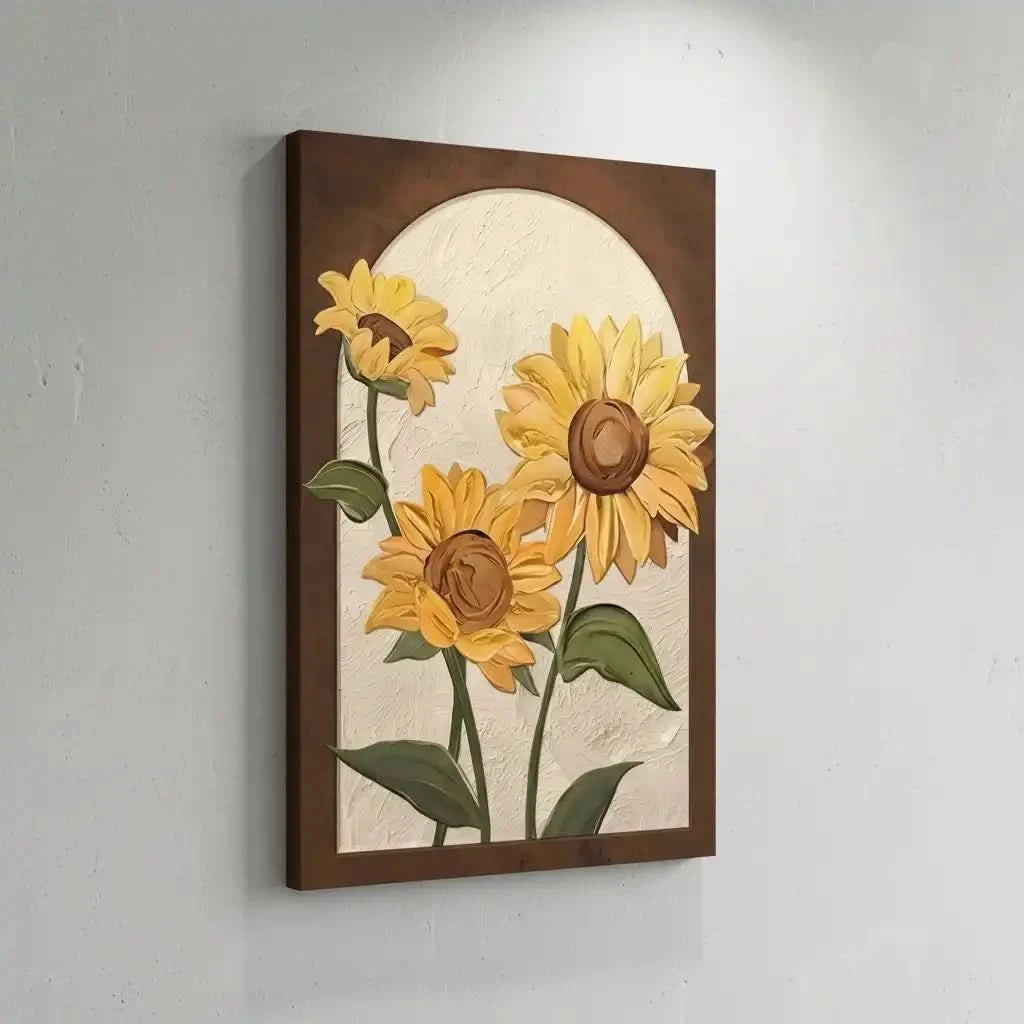 Trio de tournesols texturés; pétales dorés, coeurs bruns et feuilles vertes; oeuvre chaleureuse idéale pour cuisine et salon.