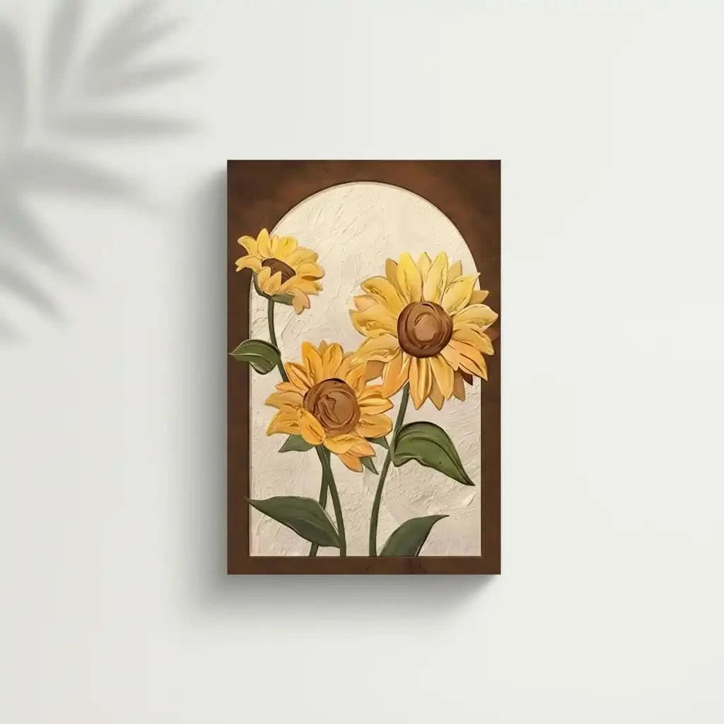 Trio de tournesols texturés; pétales dorés, coeurs bruns et feuilles vertes; oeuvre chaleureuse idéale pour cuisine et salon.