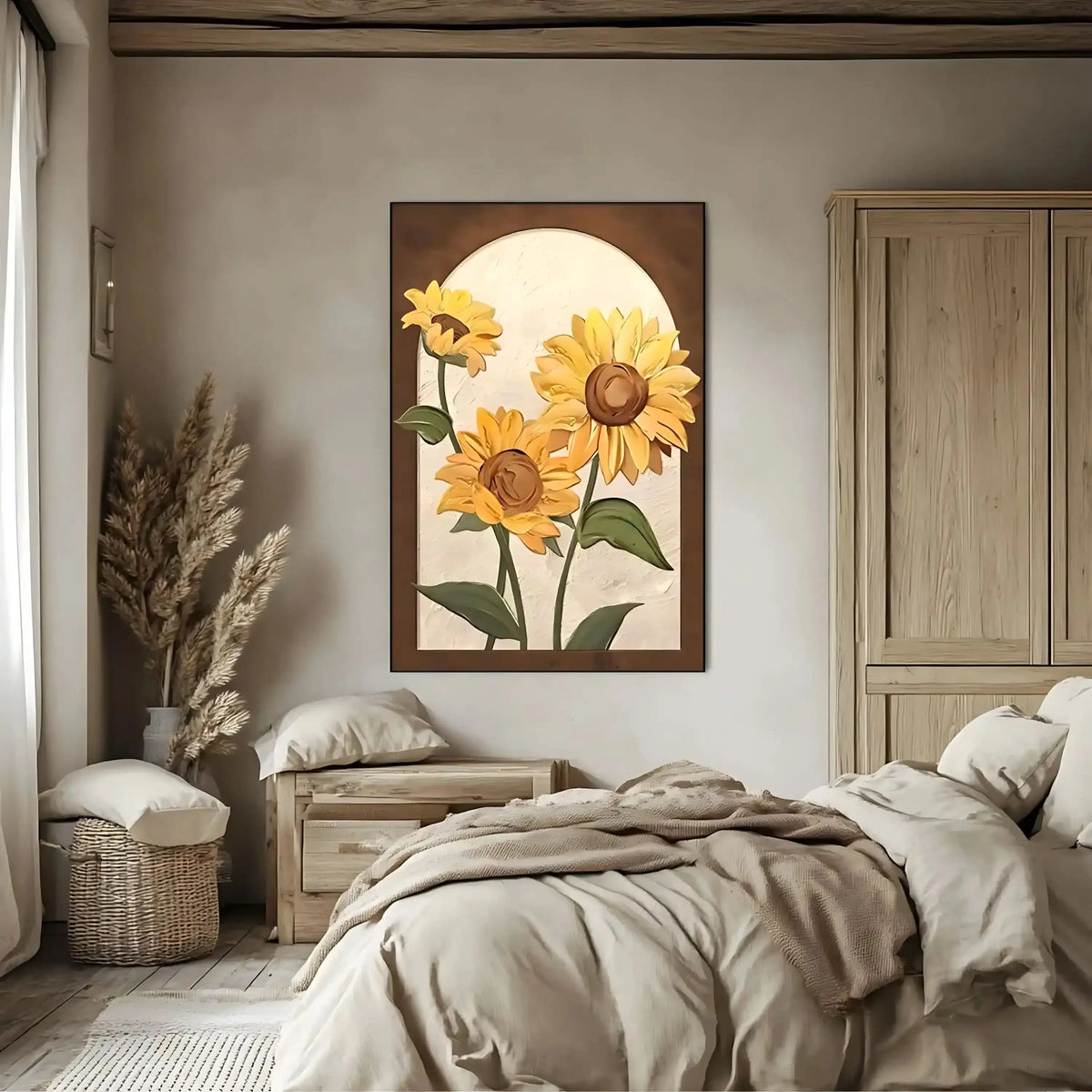 Trio de tournesols texturés; pétales dorés, coeurs bruns et feuilles vertes; oeuvre chaleureuse idéale pour cuisine et salon.