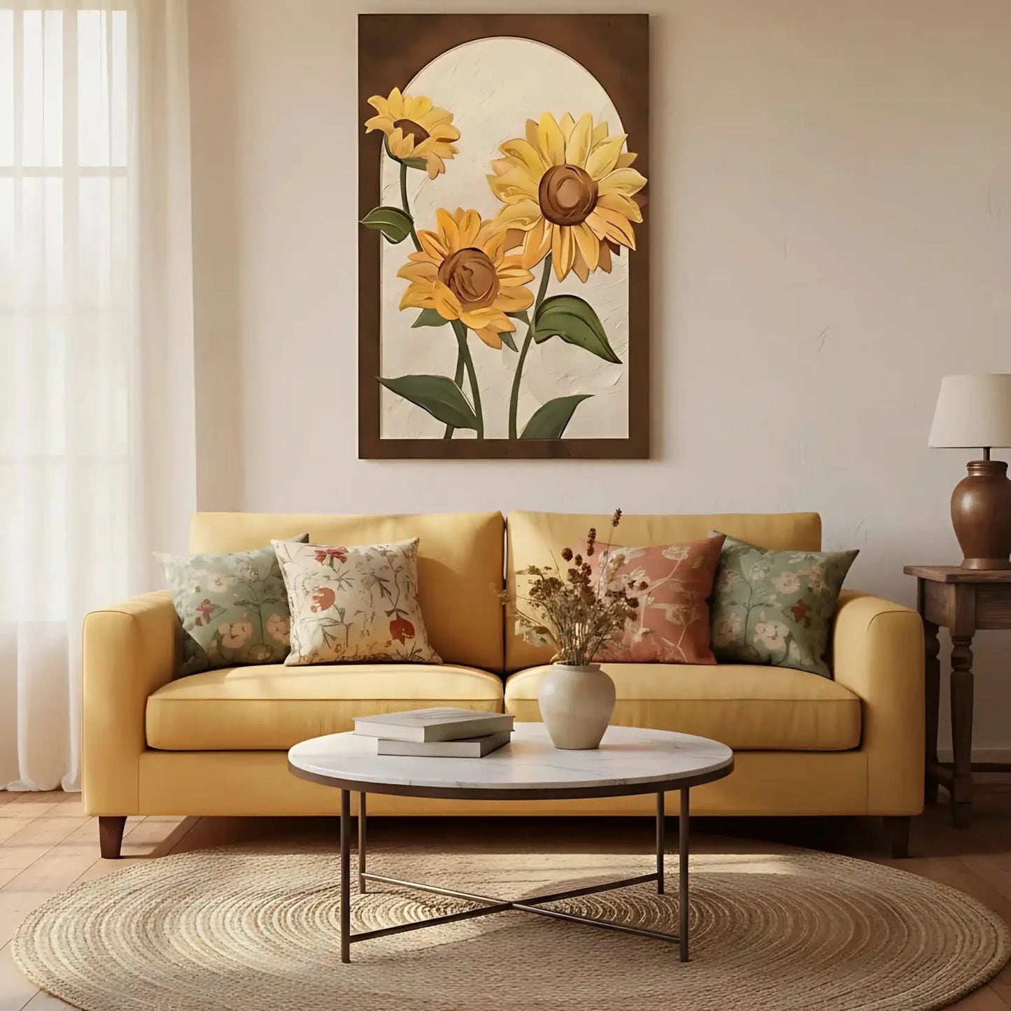 Trio de tournesols texturés; pétales dorés, coeurs bruns et feuilles vertes; oeuvre chaleureuse idéale pour cuisine et salon.