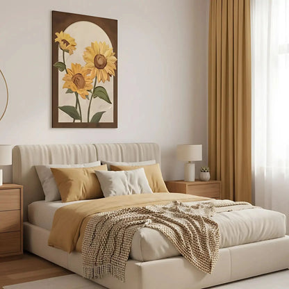 Trio de tournesols texturés; pétales dorés, coeurs bruns et feuilles vertes; oeuvre chaleureuse idéale pour cuisine et salon.