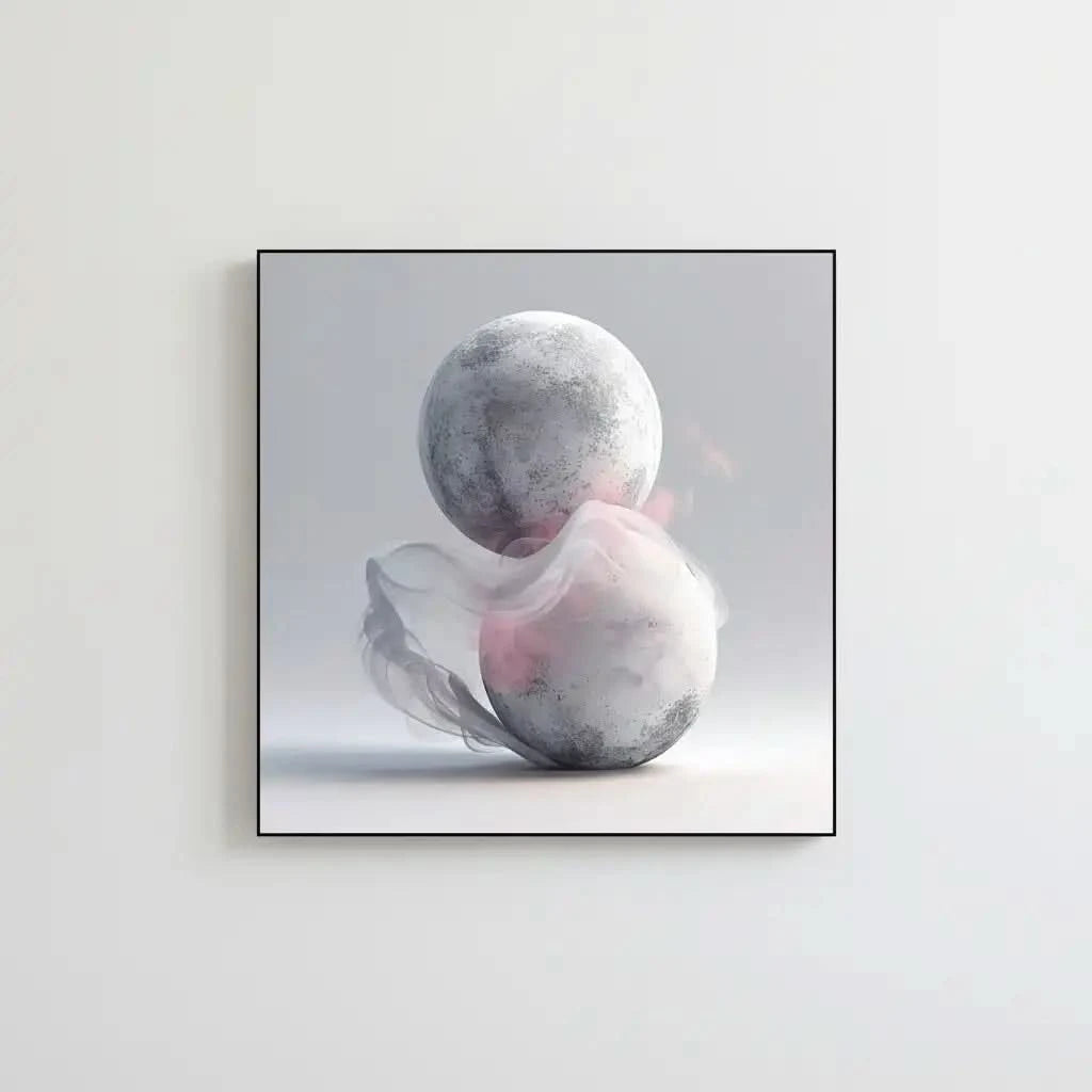 Cette oeuvre abstraite présente des sphères flottantes enveloppées de fumée douce, idéale pour des décors modernes.