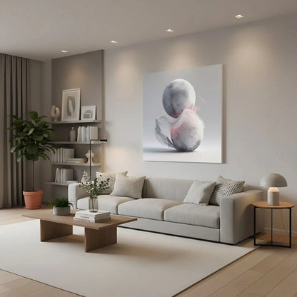 Cette oeuvre abstraite présente des sphères flottantes enveloppées de fumée douce, idéale pour des décors modernes.