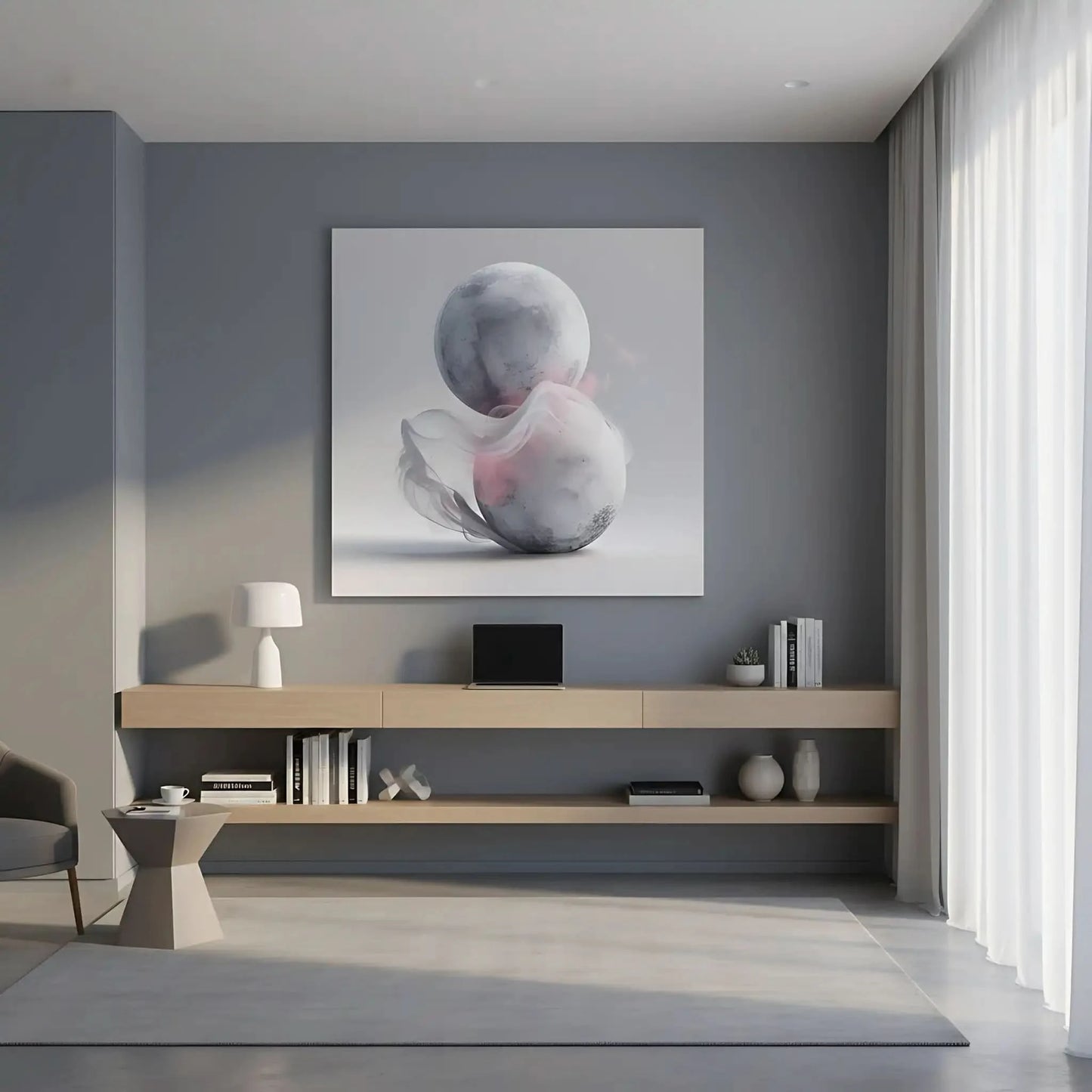 Cette oeuvre abstraite présente des sphères flottantes enveloppées de fumée douce, idéale pour des décors modernes.