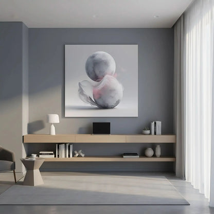 Cette oeuvre abstraite présente des sphères flottantes enveloppées de fumée douce, idéale pour des décors modernes.