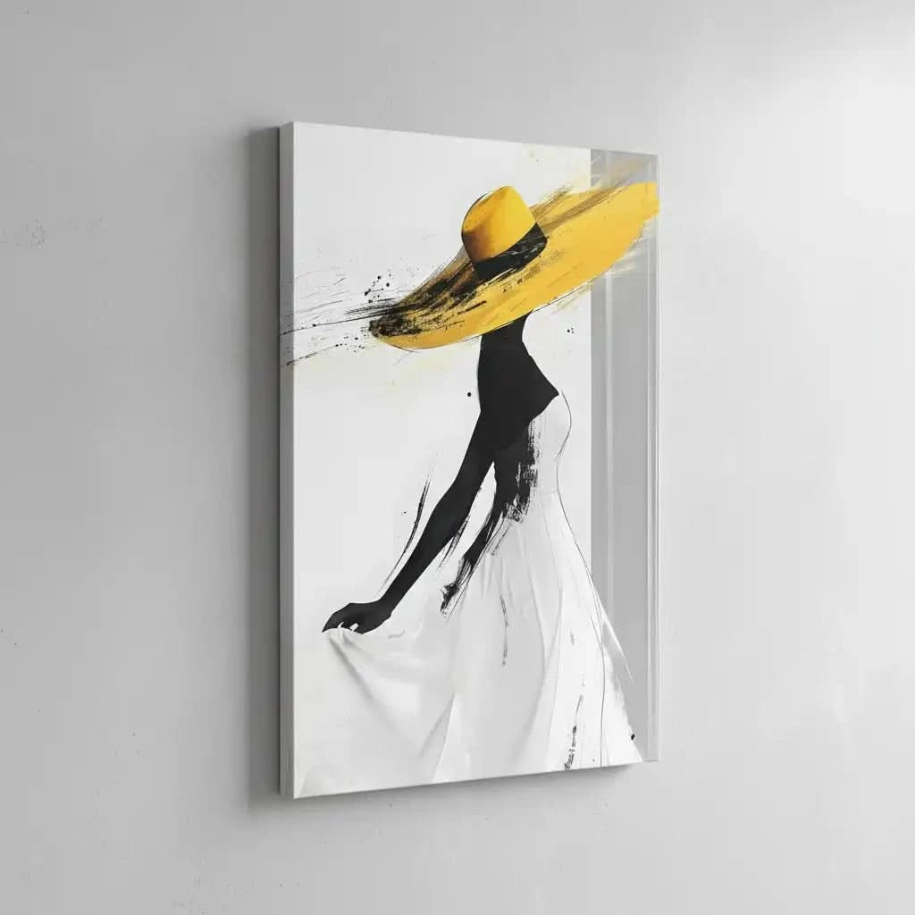 Illustration d’une femme en silhouette élégante avec des touches de jaune vibrant, créant une ambiance de sophistication et mouvement.