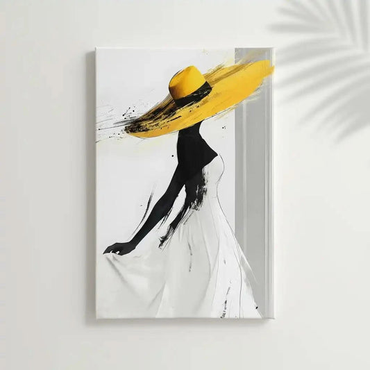 Illustration d’une femme en silhouette élégante avec des touches de jaune vibrant, créant une ambiance de sophistication et mouvement.