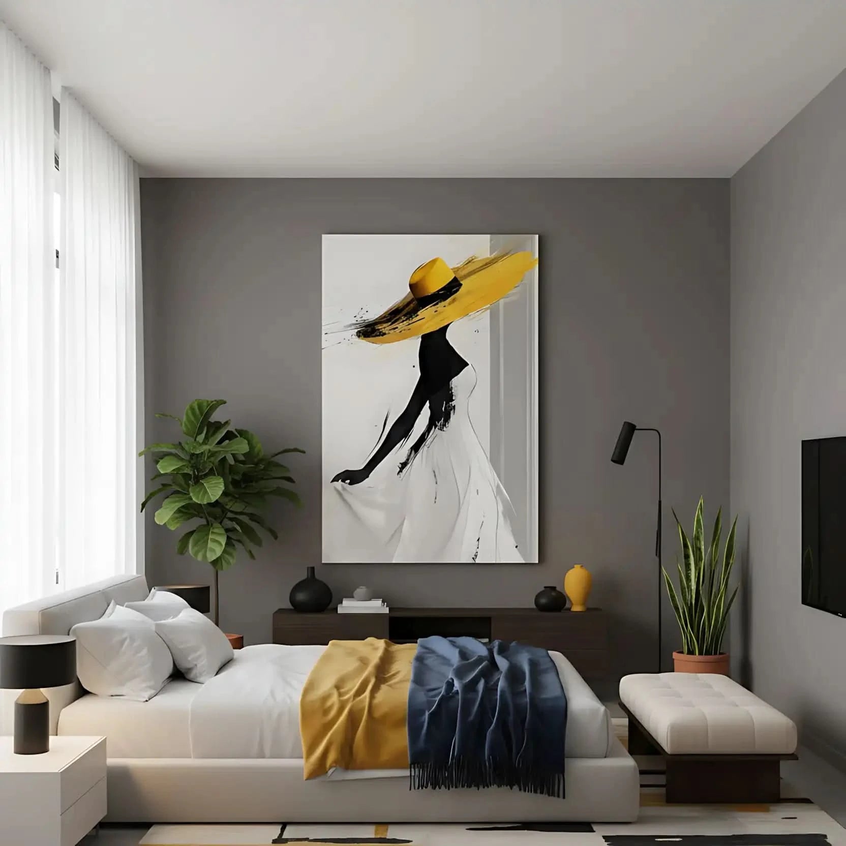 Illustration d’une femme en silhouette élégante avec des touches de jaune vibrant, créant une ambiance de sophistication et mouvement.