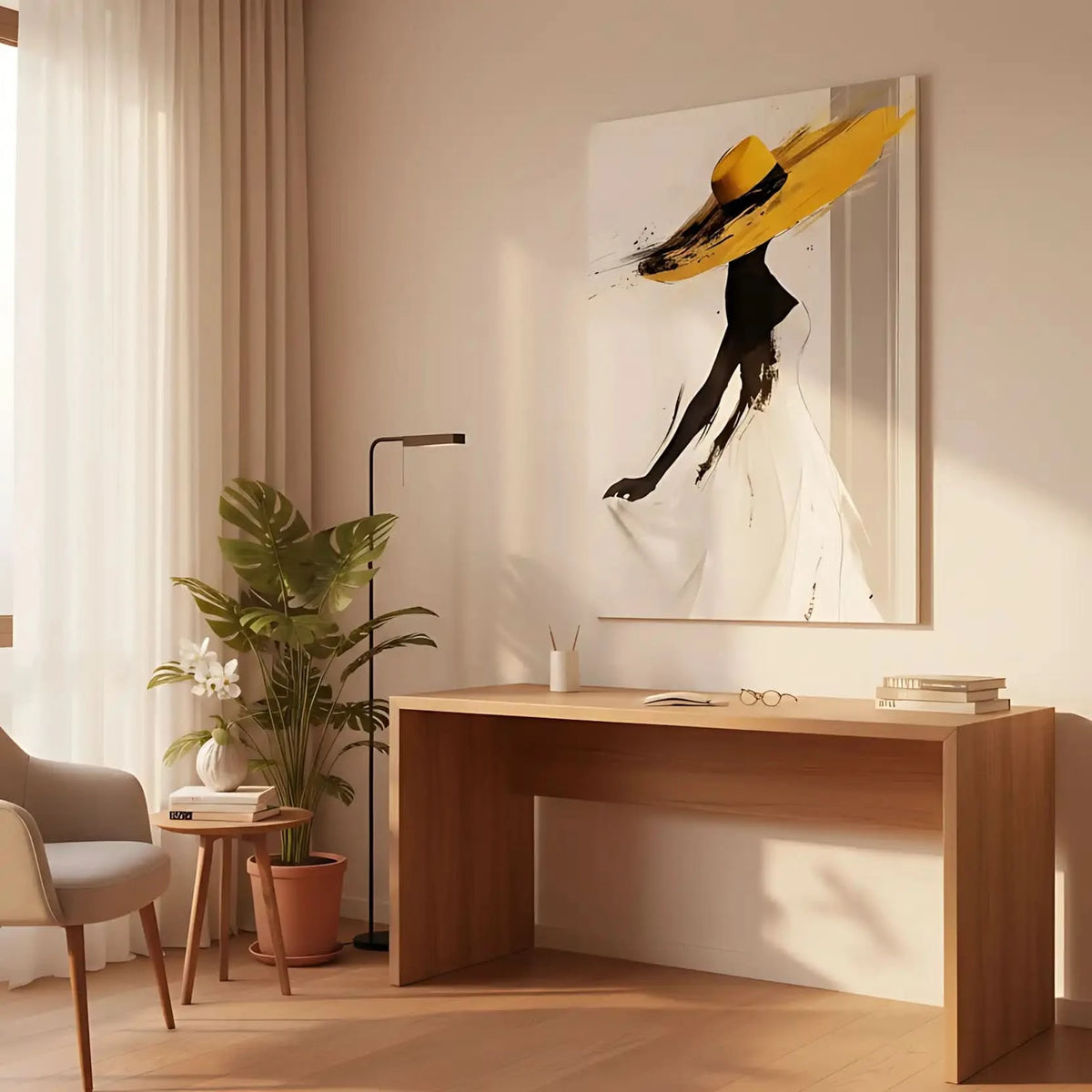 Illustration d’une femme en silhouette élégante avec des touches de jaune vibrant, créant une ambiance de sophistication et mouvement.